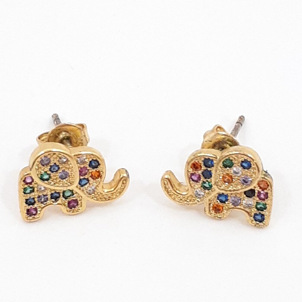 18K Gold Plated Elephant Stud Earrings - Multicolor Cubic Zirconia - 11mm x 9mm